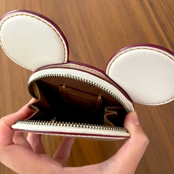 COACH X MICKEY MOUSE DISNEY EARS LEATHER ZIP COIN PURSE F59071 $95 CHALK WH